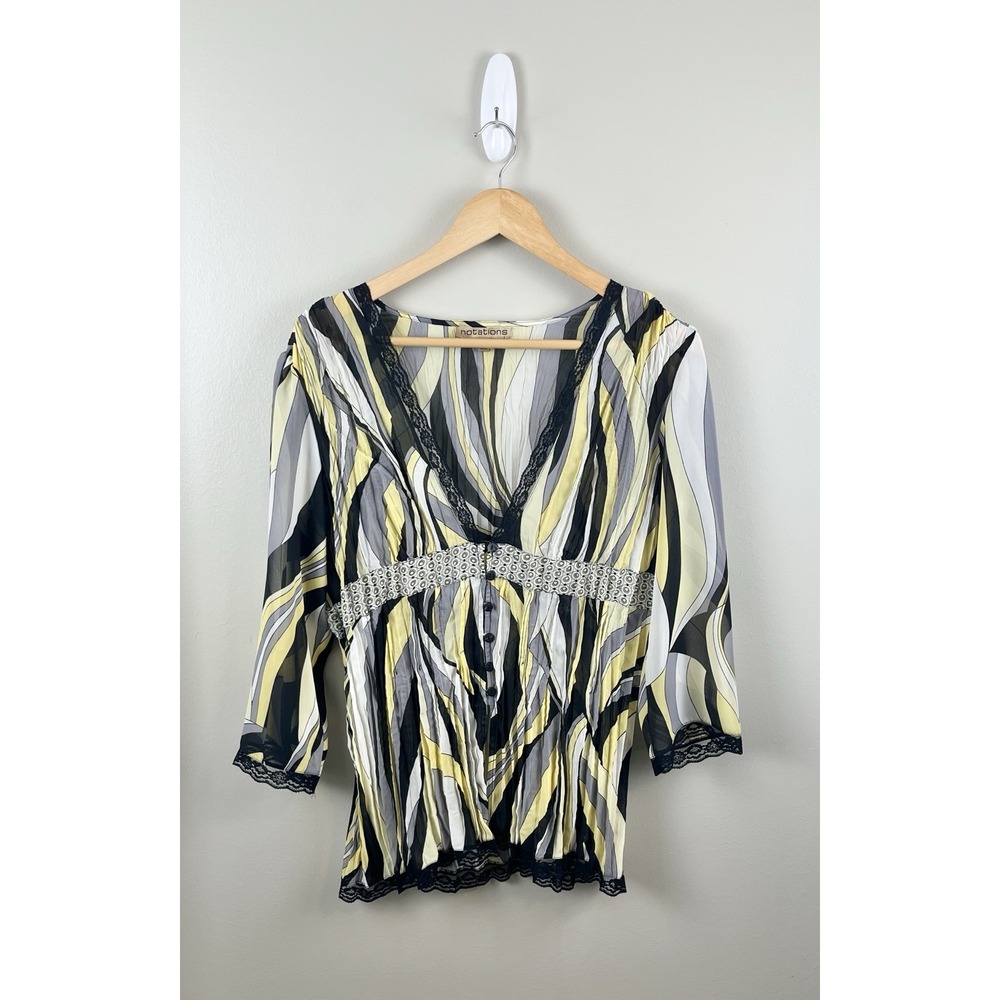 Notations Women's Sz Lg Y2K Babydoll Top Lace Crinkle Buttons‎ Yellow Black